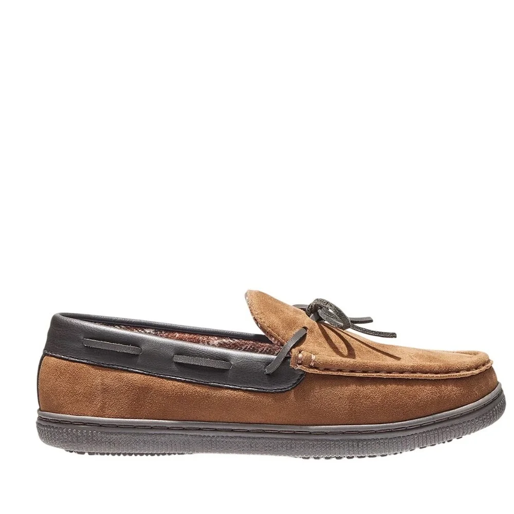 Magellan Outdoors Mens 7D Brown Faux Suede Moccasin Slippers Plaid Lined 183879
